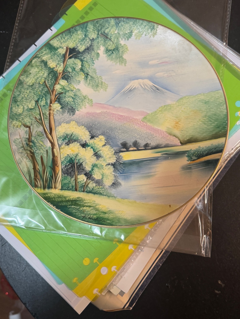 Hand-Painted Round Landscape Wall Art - Pastel Green & Blue